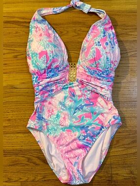 Lilly Pulitzer 6, Lanai halter One Piece, ‘Light Pascha Pink’ ruched  waistline